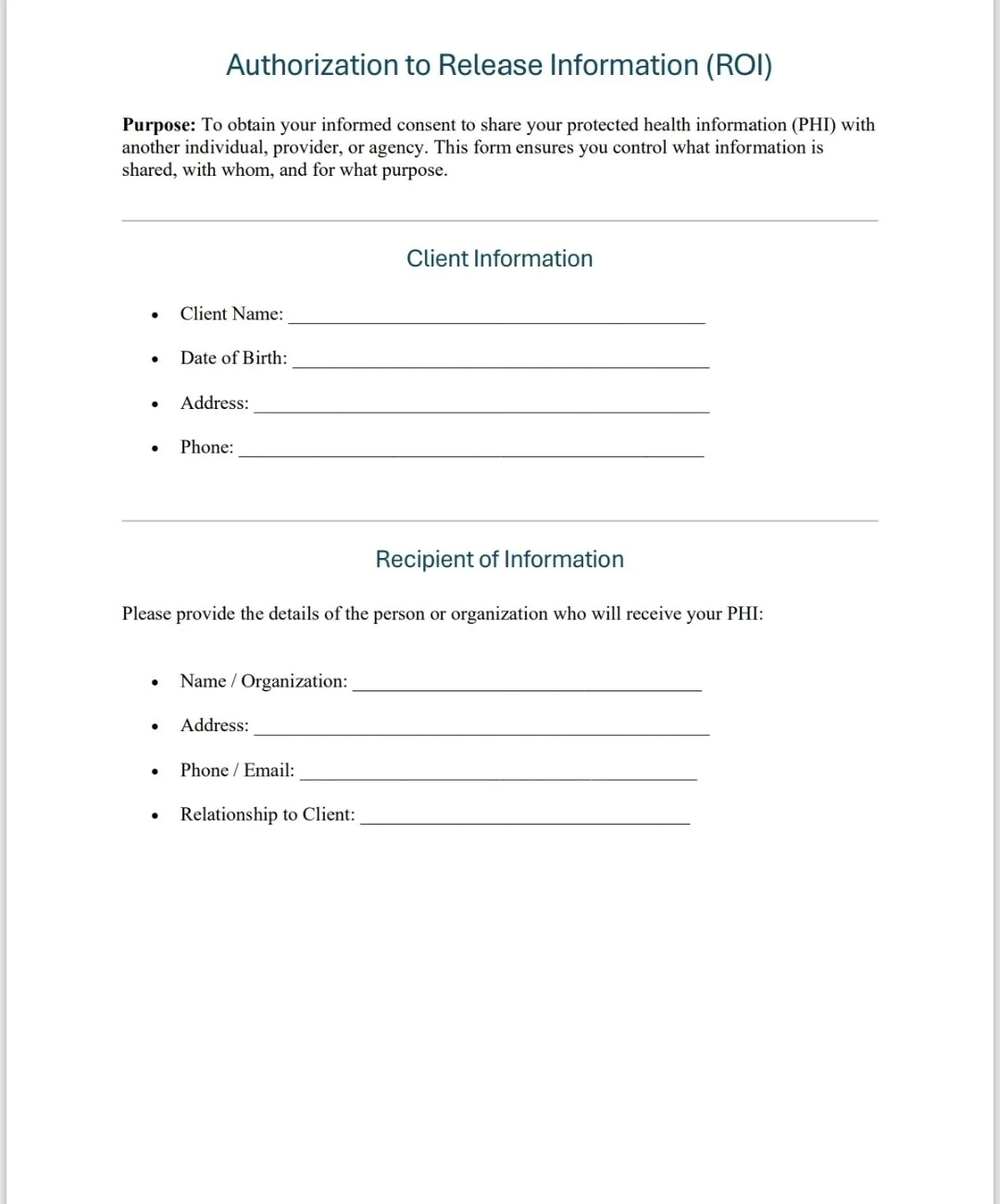 Authorization to Release Information (ROI) Form
