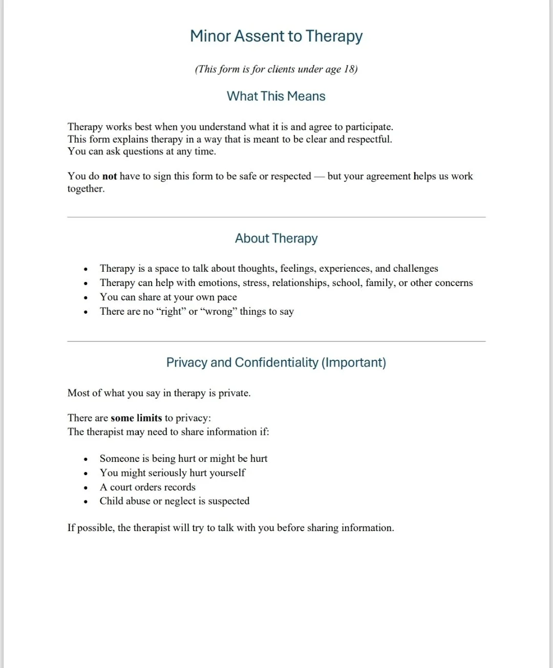 Minor Assent Form for Therapy