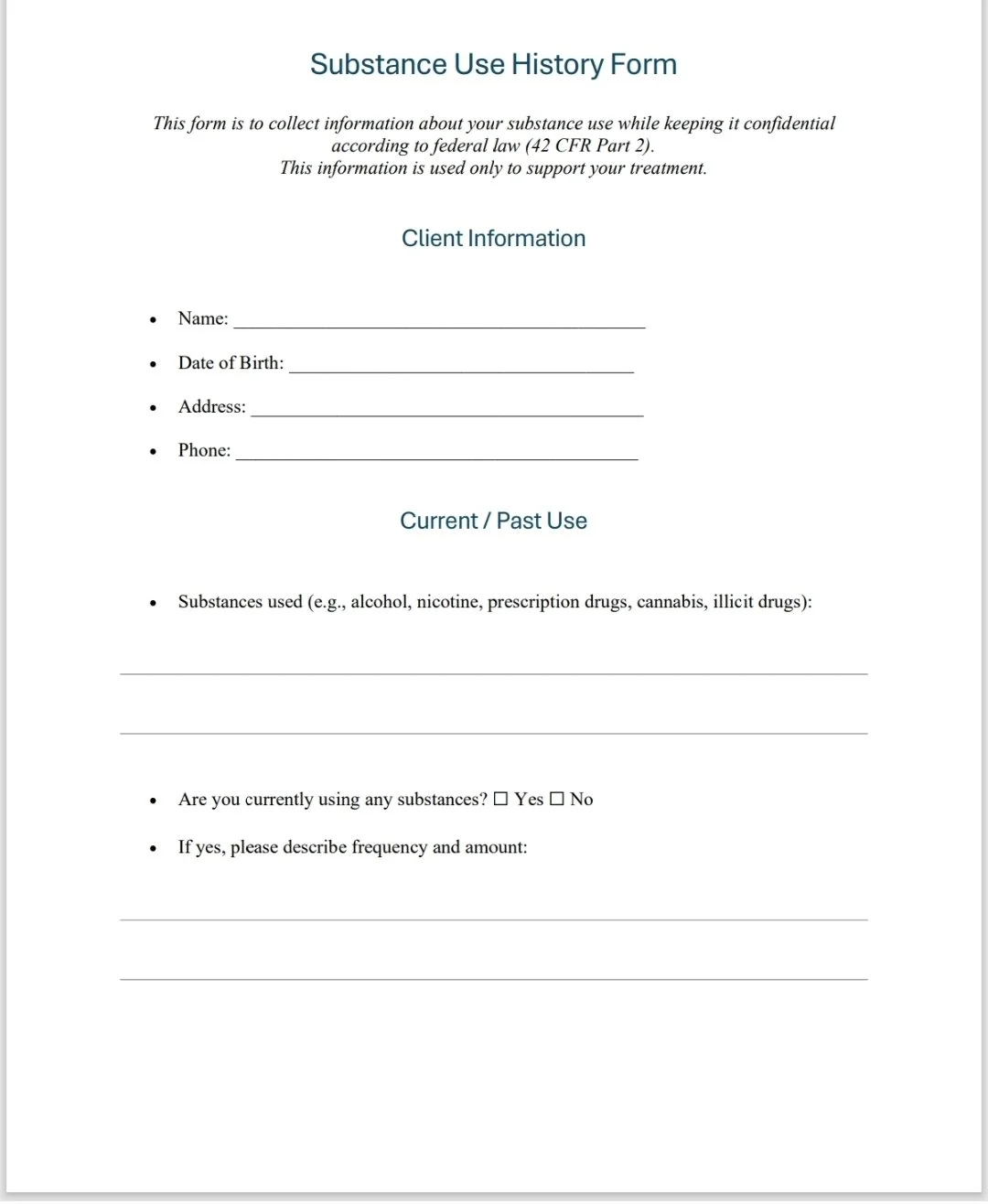 Substance Use Form (42 CFR Part 2 Compliant)