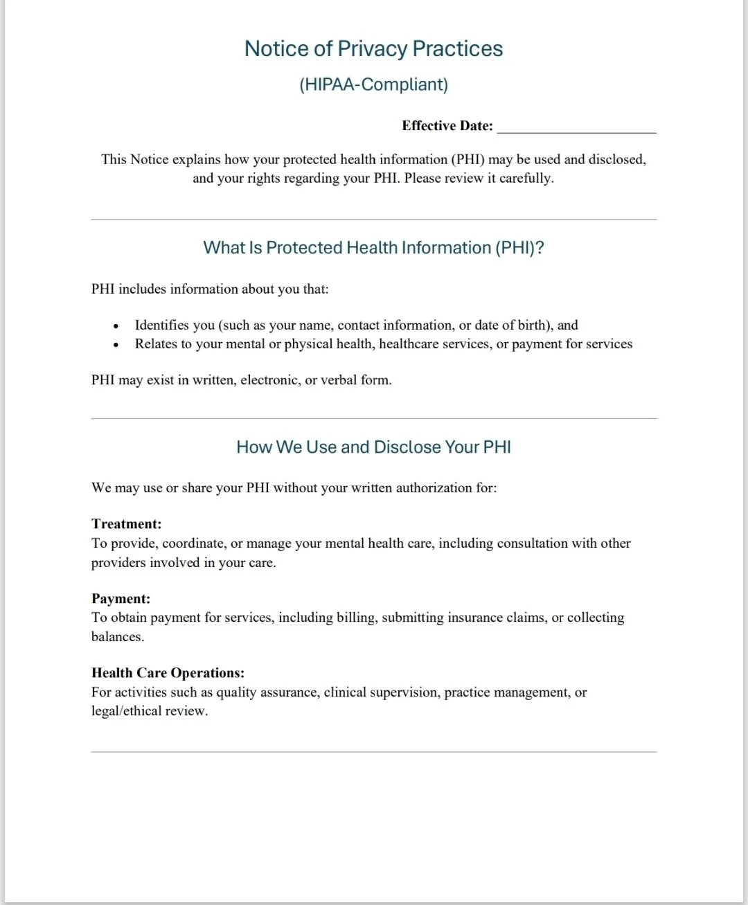 HIPAA Notice of Privacy Practices for Therapy Practices