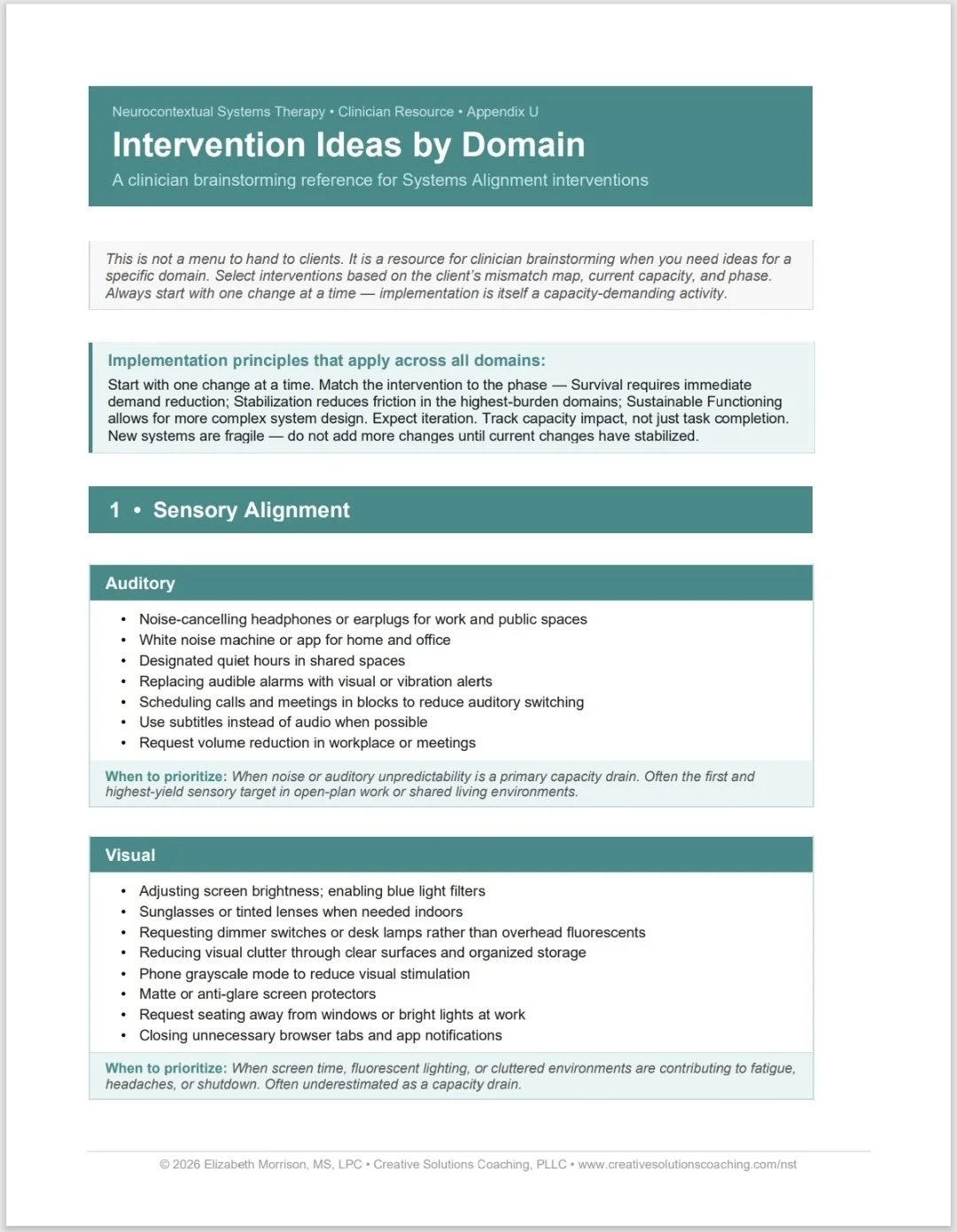 Neurocontextual Systems Therapy (NST) Intervention Ideas by Domain: A Clinician Reference Guide