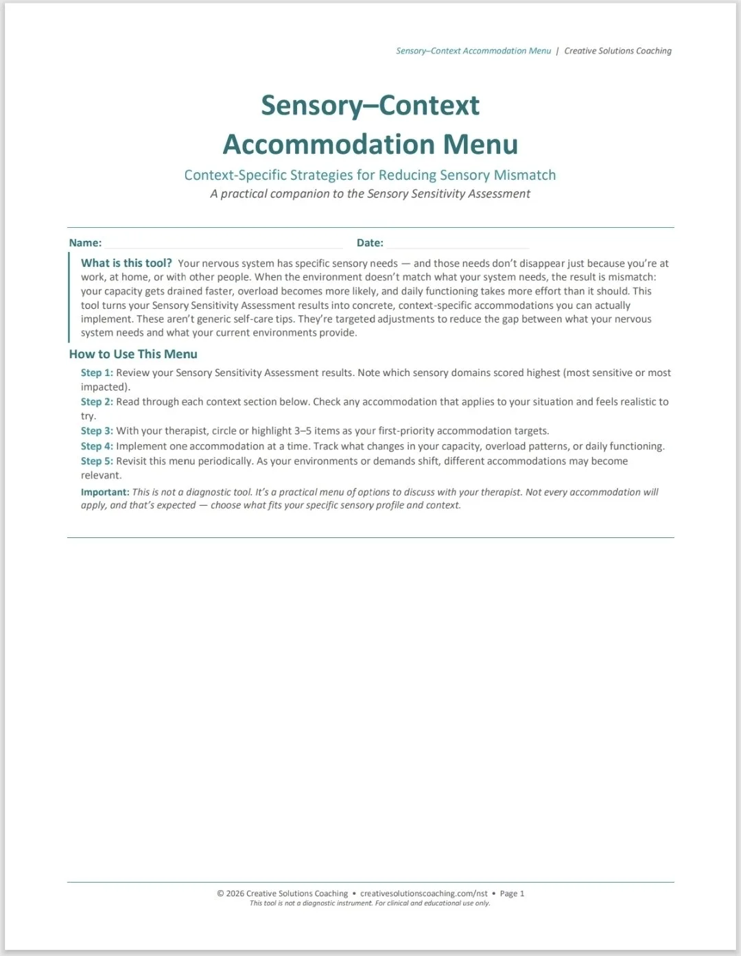 Sensory–Context Accommodation Menu
