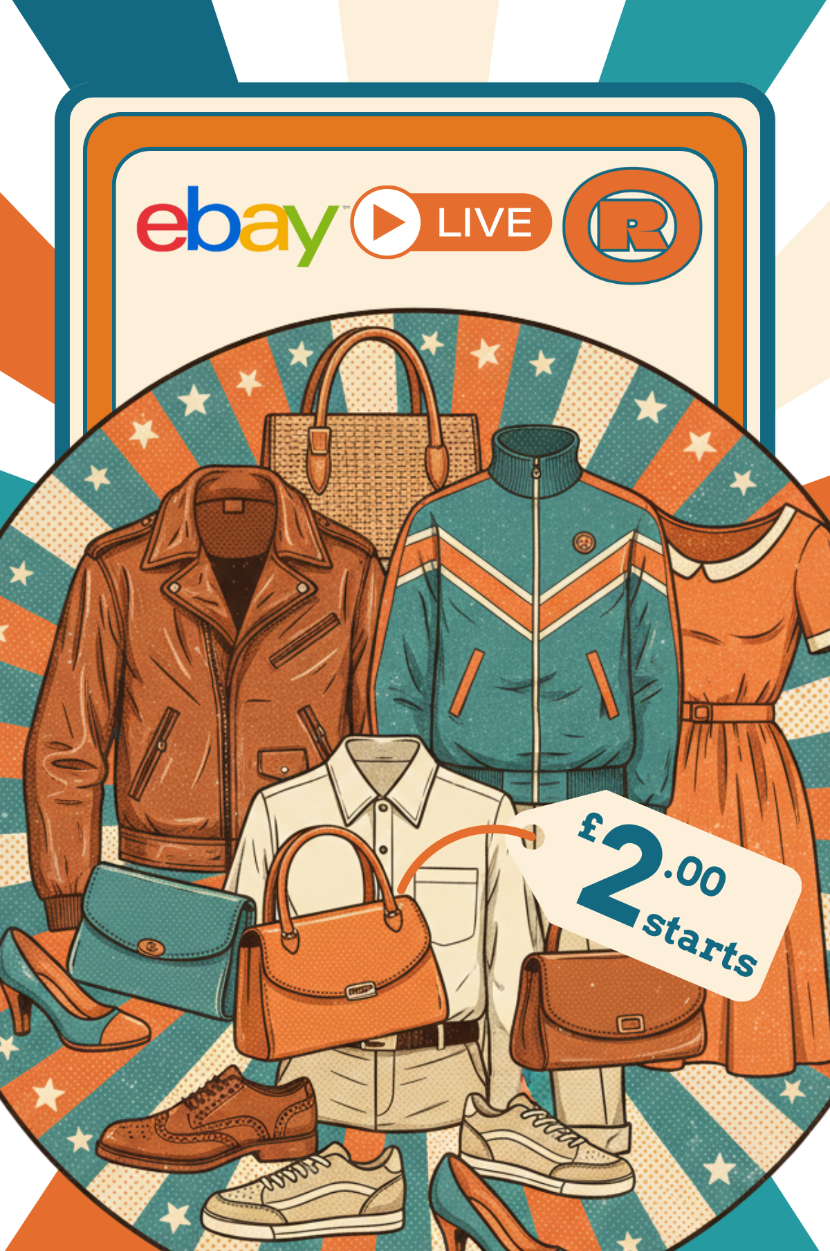 Illustration of used clothing and accessories for sale at eBay Live auction, including a leather jacket, a teal tracksuit, a tan dress, handbags, shoes, and a white shirt, with a price tag showing £2.00 for two starts.