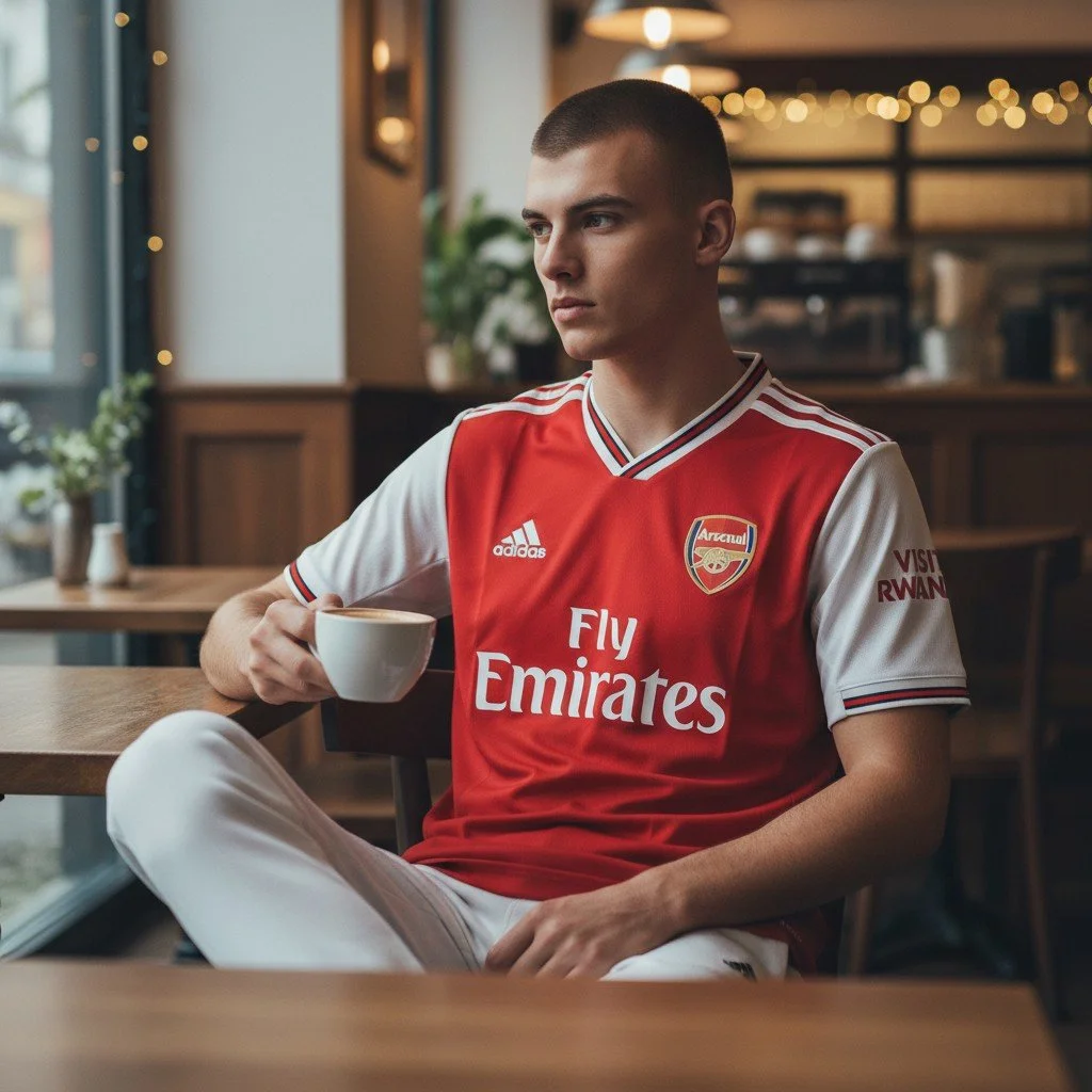 A young man with a buzz cut hairstyle sitting in a coffee shop, wearing an Arsenal football club jersey, holding a cup of coffee, with warm lighting and a blurred background.
