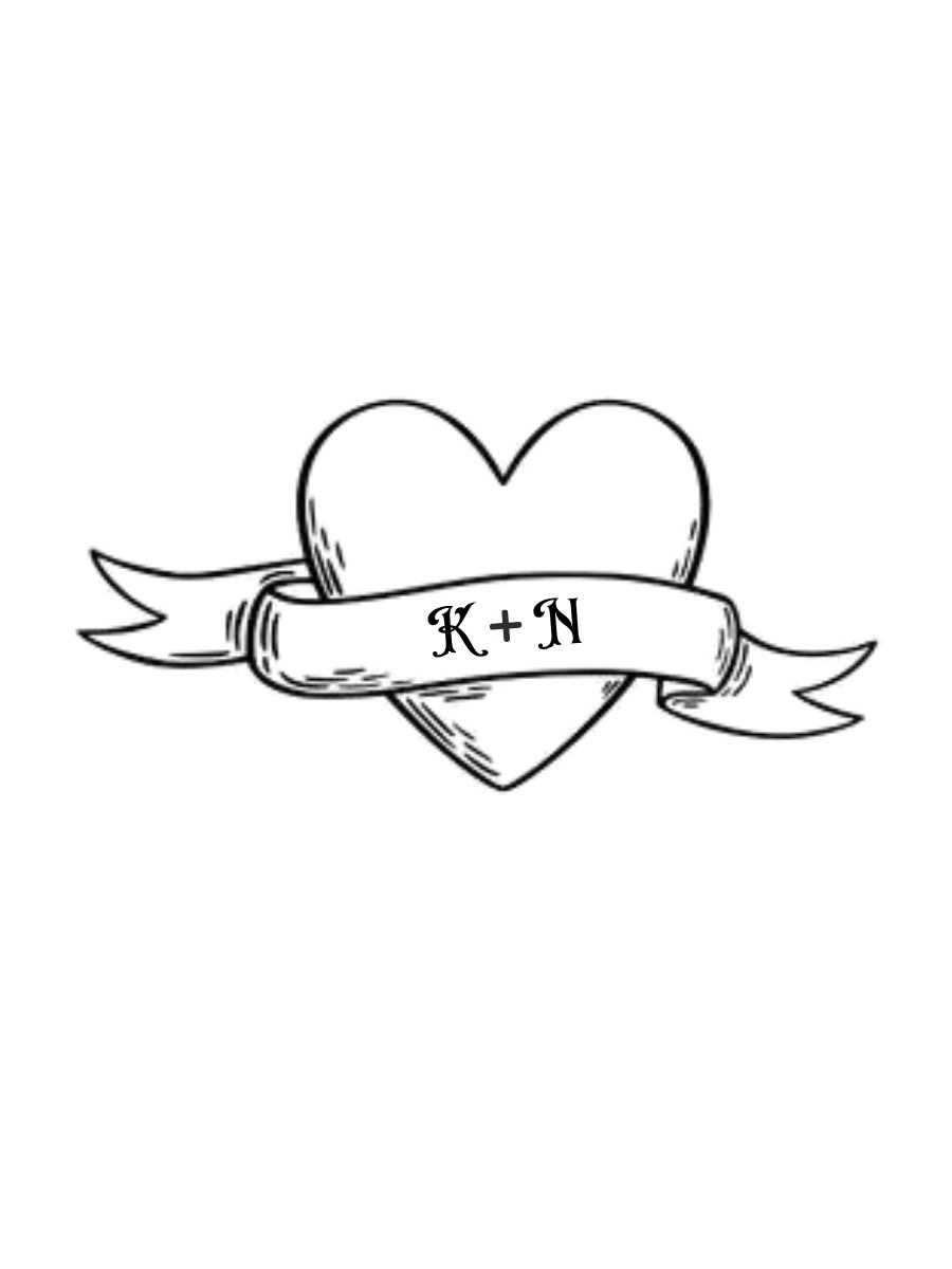 Black and white sketch of a heart with a ribbon across it, bearing the initials "K + N".