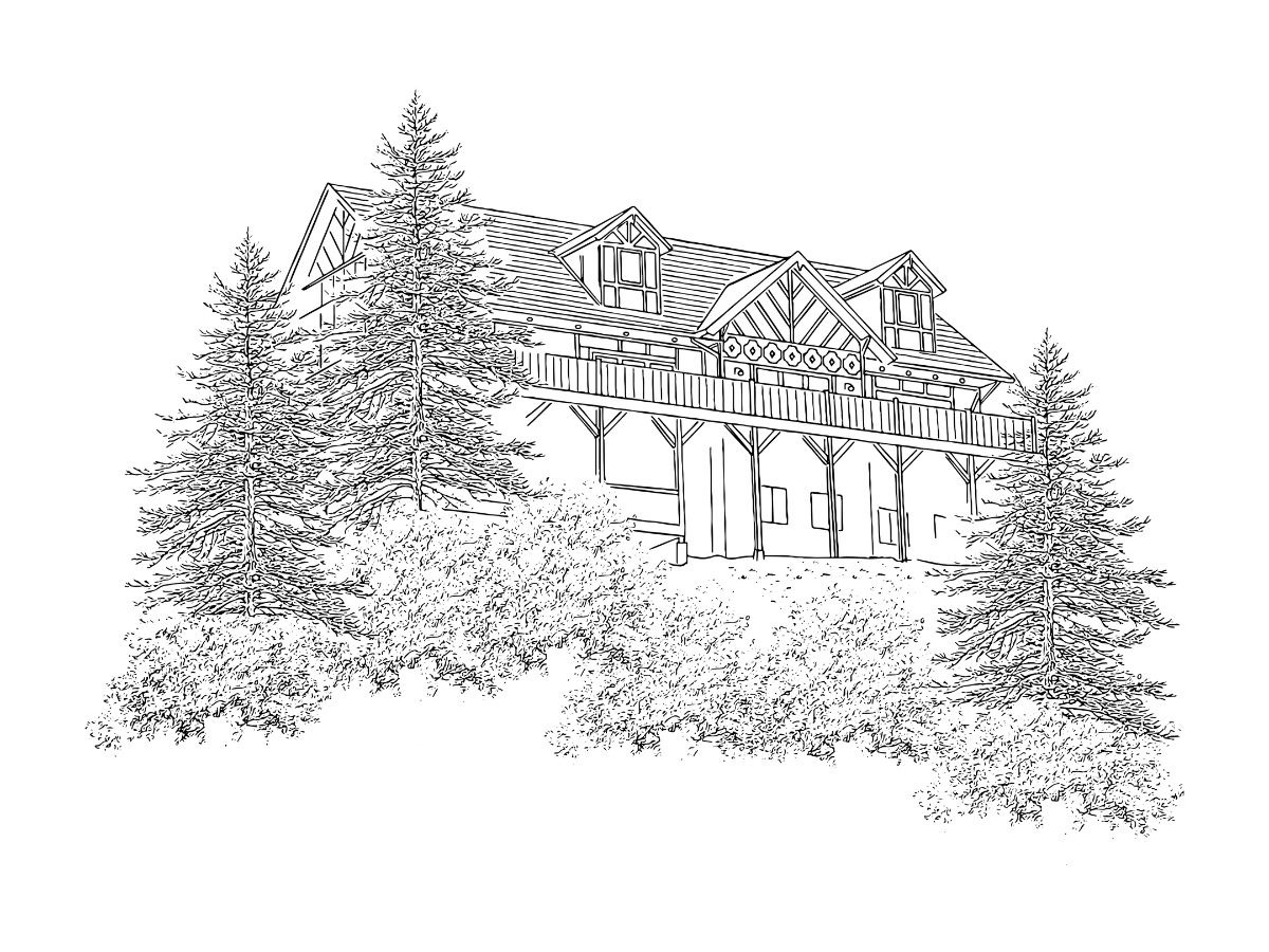 Black and white line drawing of a house on a hill, surrounded by pine trees.