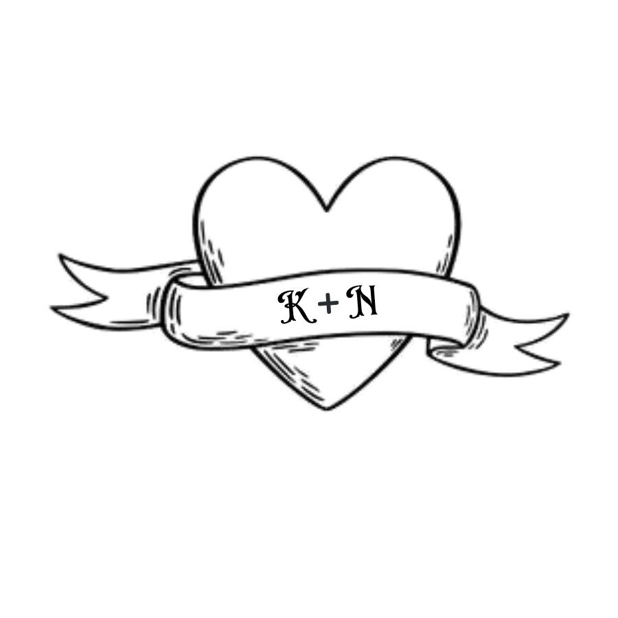 A black and white illustration of a heart with a banner across it, with the letters K and N separated by a plus sign on the banner.