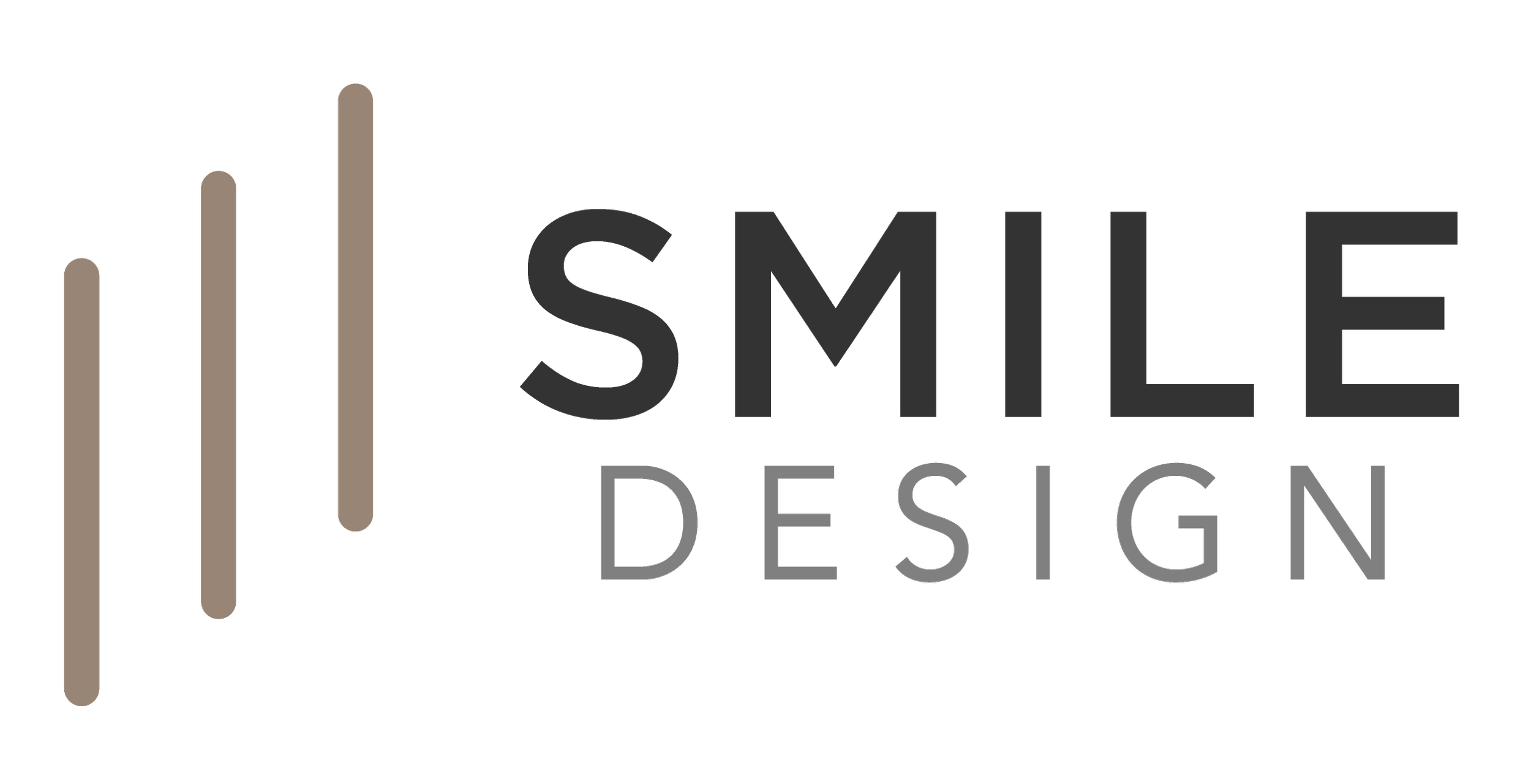 Logo von Smile Design mit drei vertikalen, braunen Linien und dem Text ‚SMILE DESIGN‘.