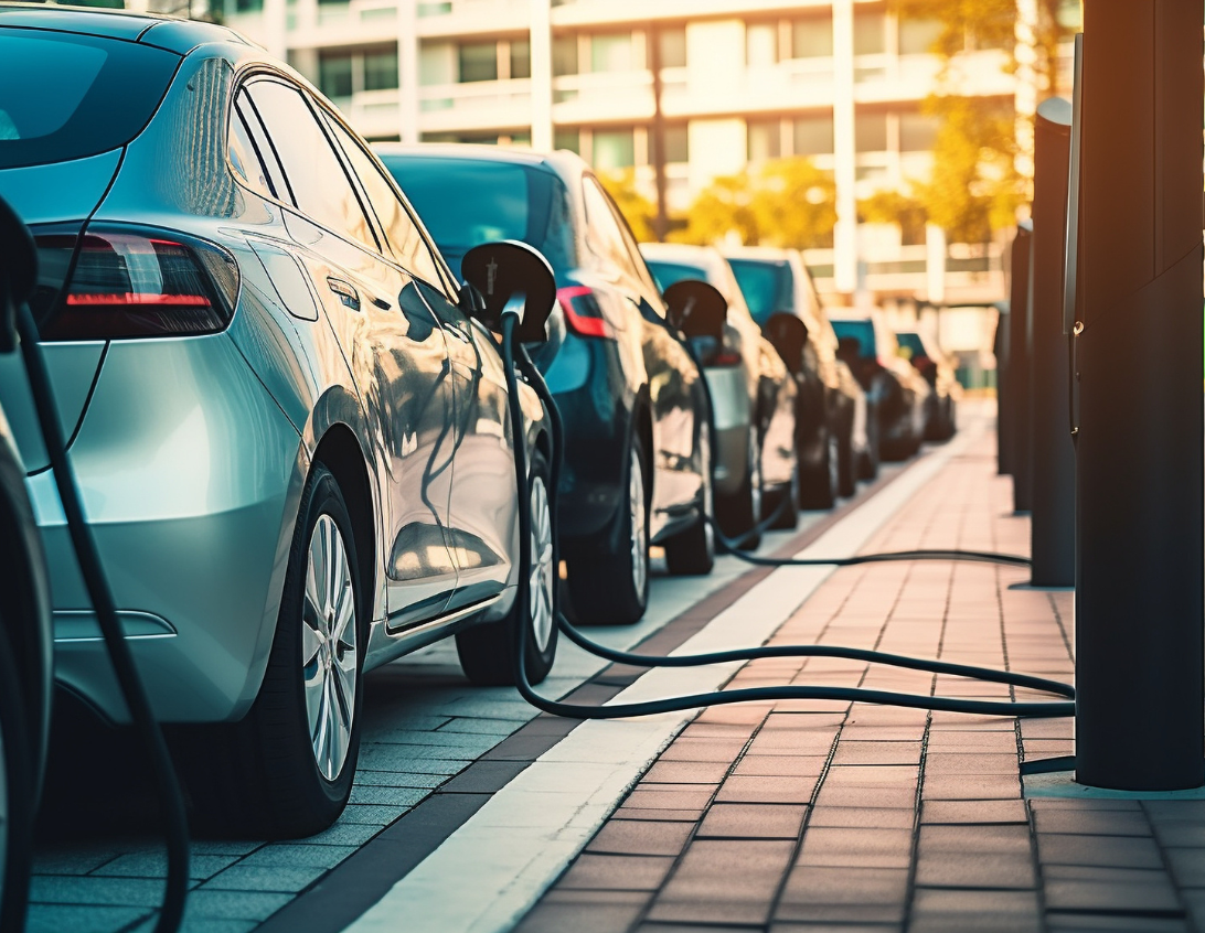Row of electric vehicles plugged in and charging at outdoor charging stations