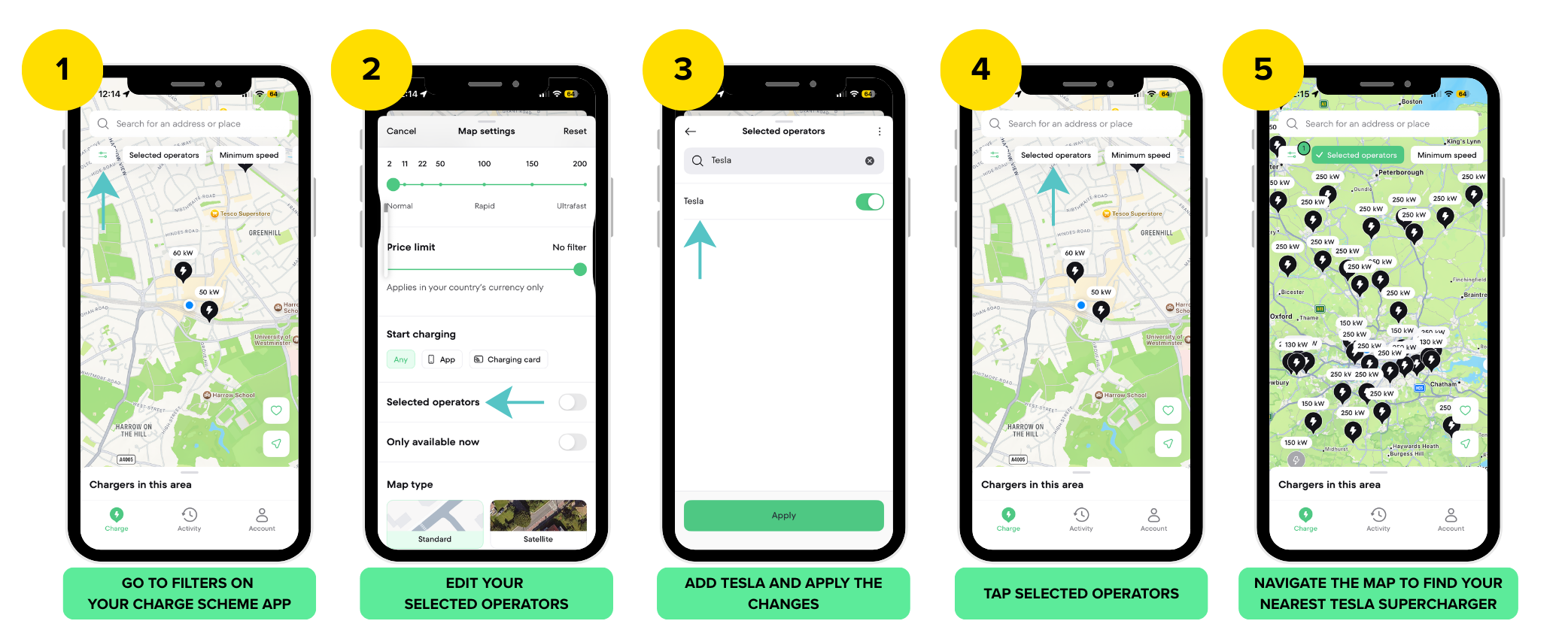 5 Iphone images displaying step by step instructions on how to add The Charge Scheme to your Tesla app, with green text boxes underneath.
