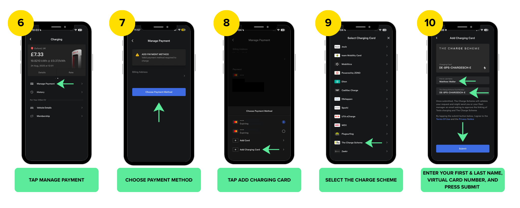 5 Iphone images displaying step by step instructions on how to add The Charge Scheme to your Tesla app, with green text boxes underneath.