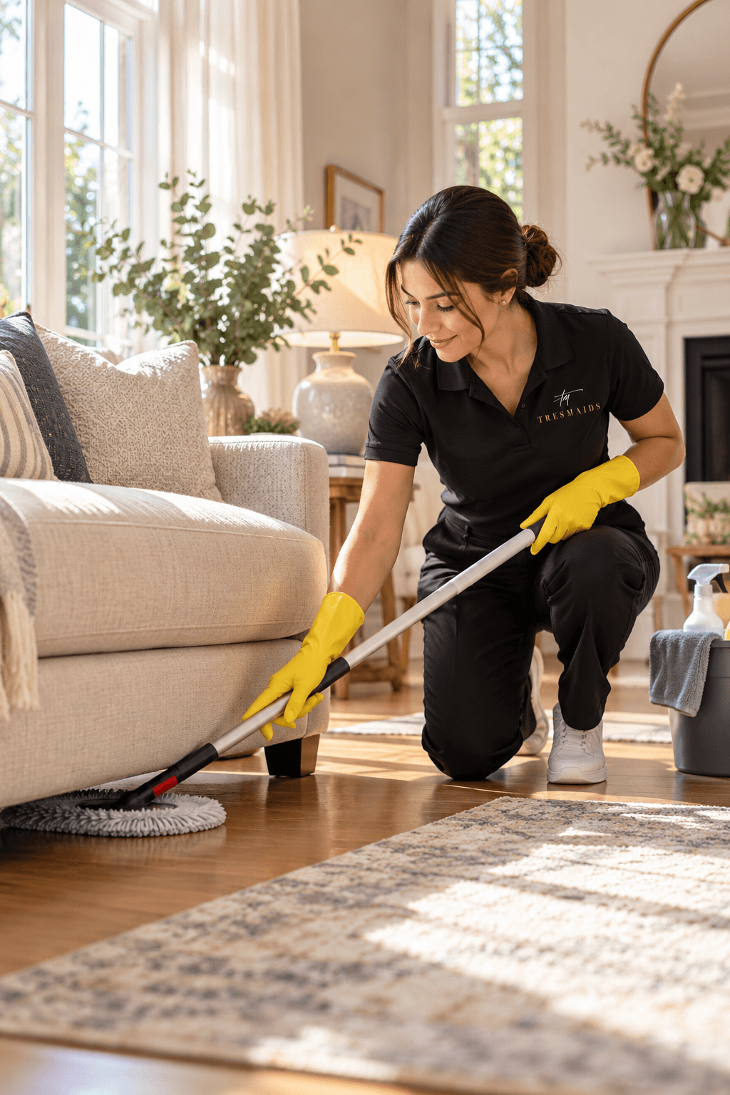 Tres Maids professional cleaner wearing a branded uniform while cleaning beneath a sofa in a bright living room
