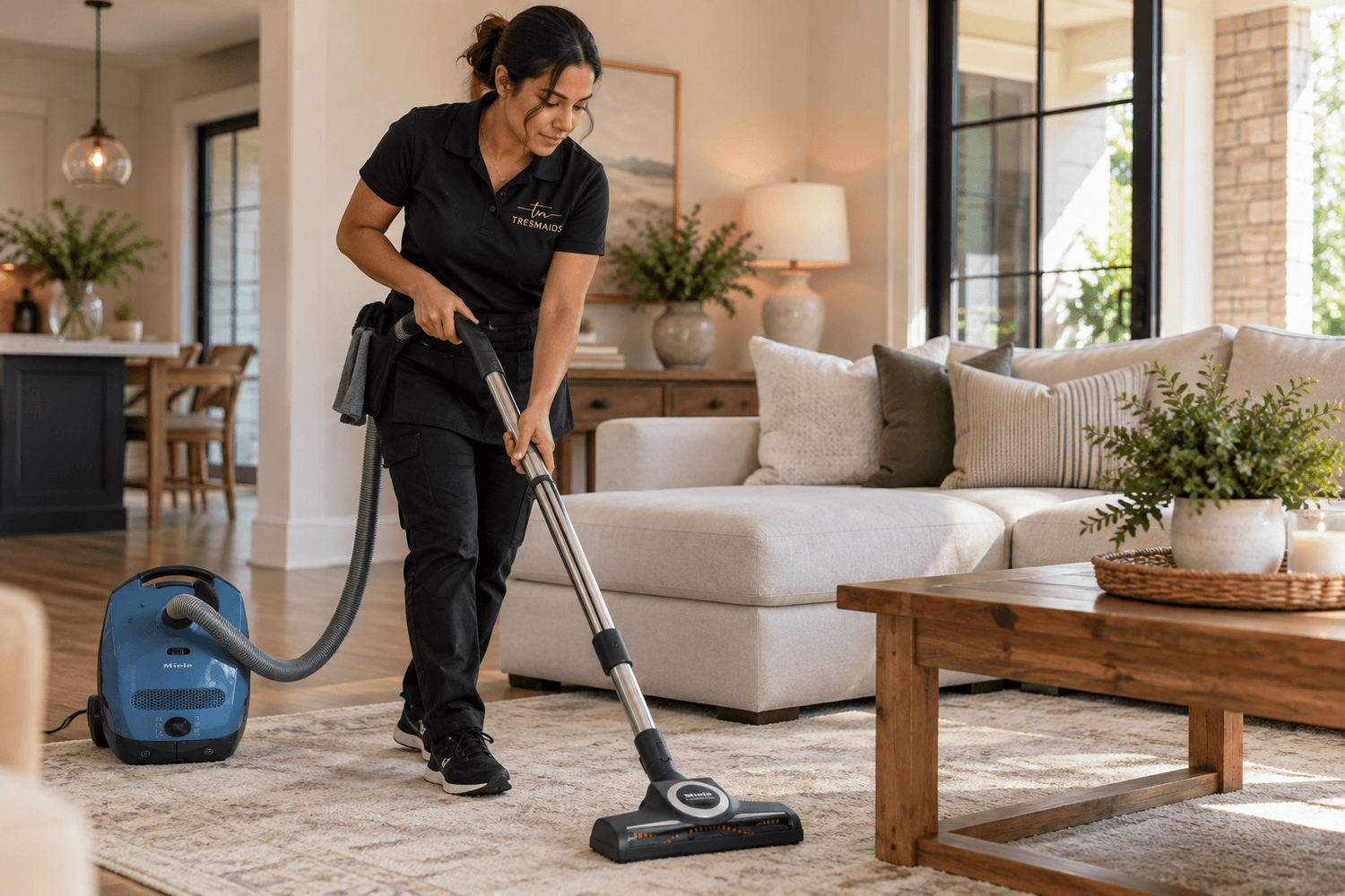 Tres Maids professional cleaner vacuuming a living room
