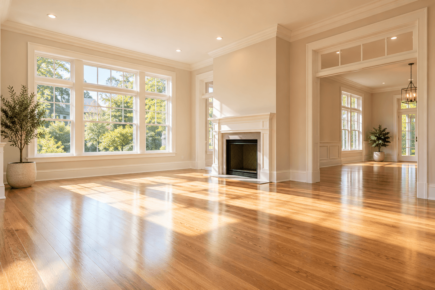 Bright, empty living room with sunlit hardwood floors, ready for a fresh start