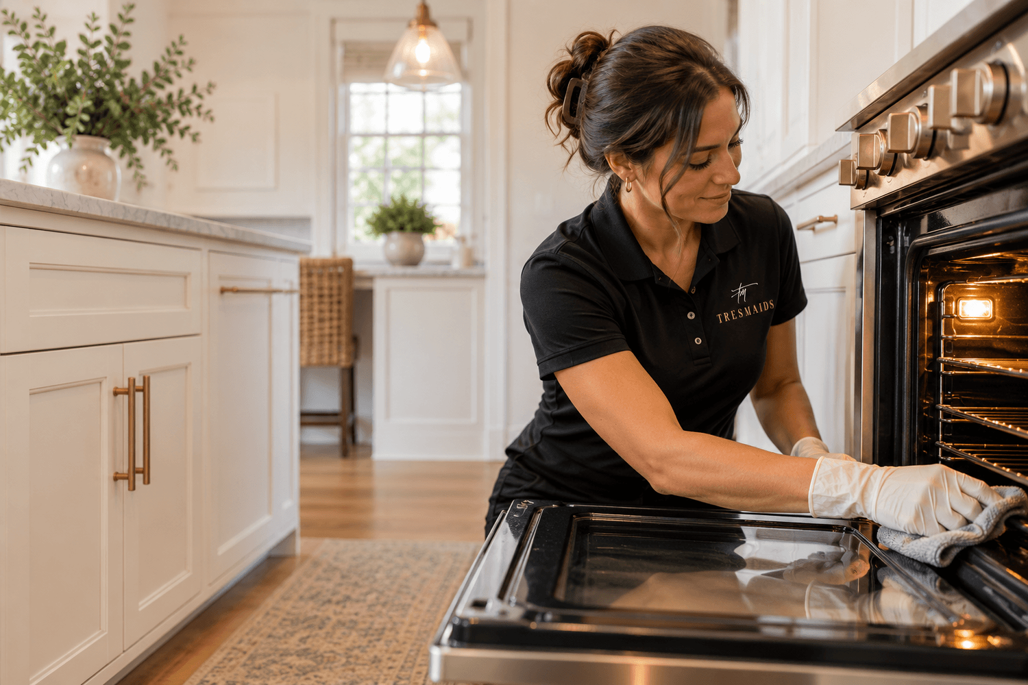 Tres Maids cleaner detailing an oven during a professional deep cleaning service