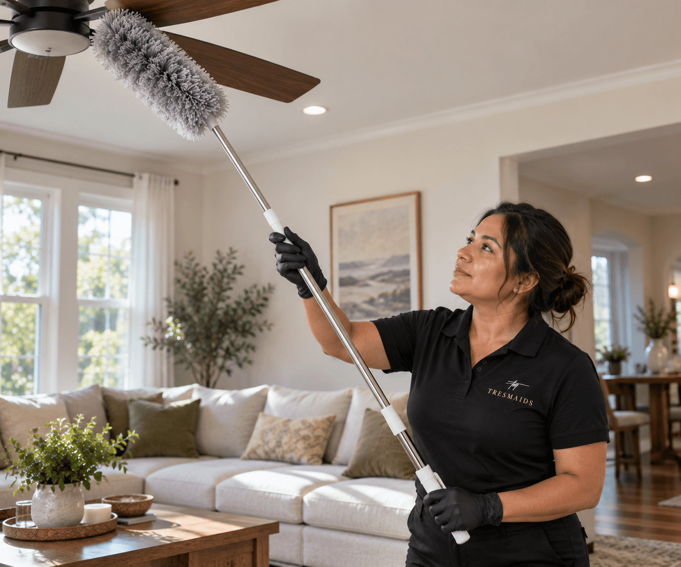 Tres Maids professional cleaner dusting a ceiling fan