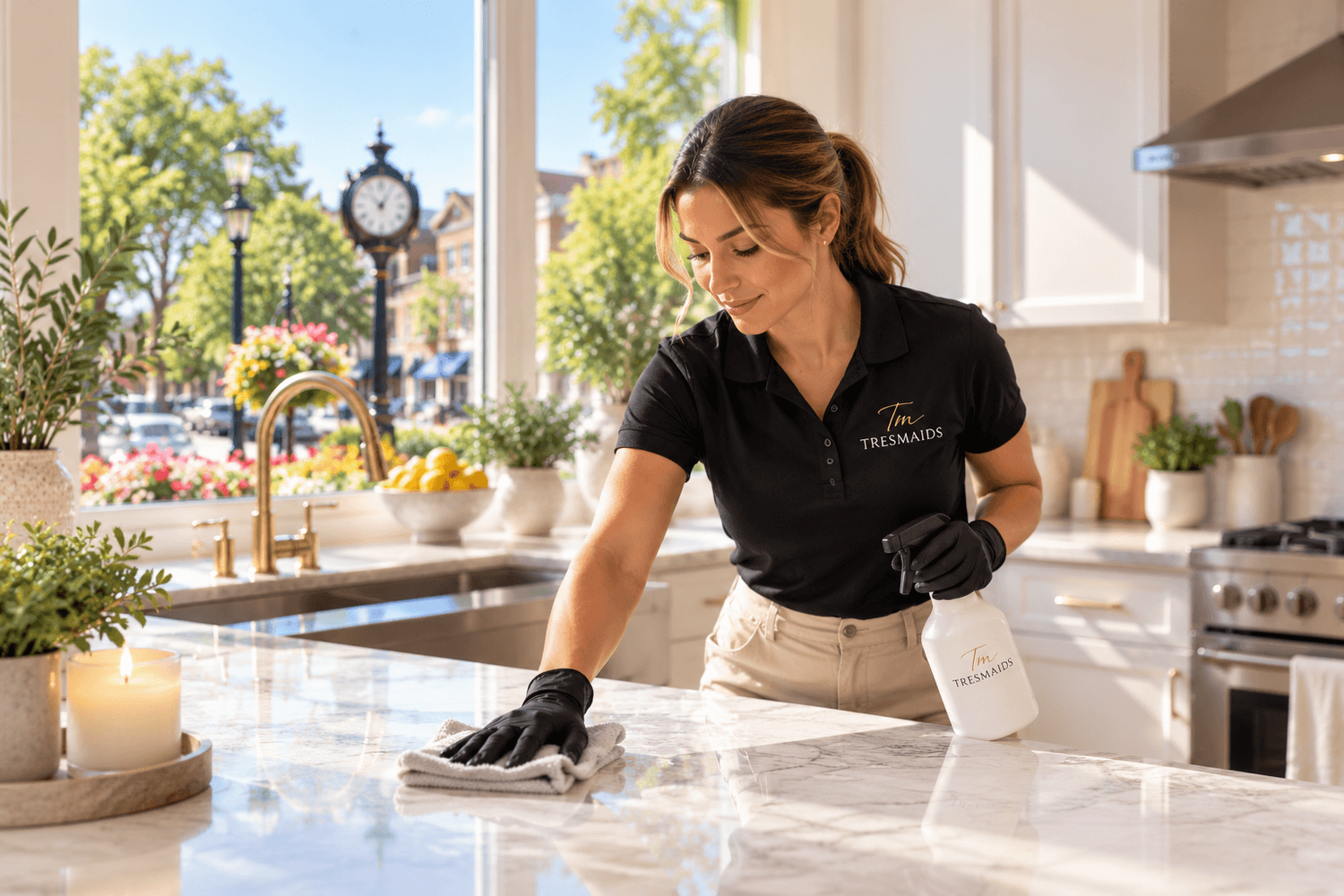 Tres Maids professional house cleaner cleaning a kitchen in Westchester County, NY