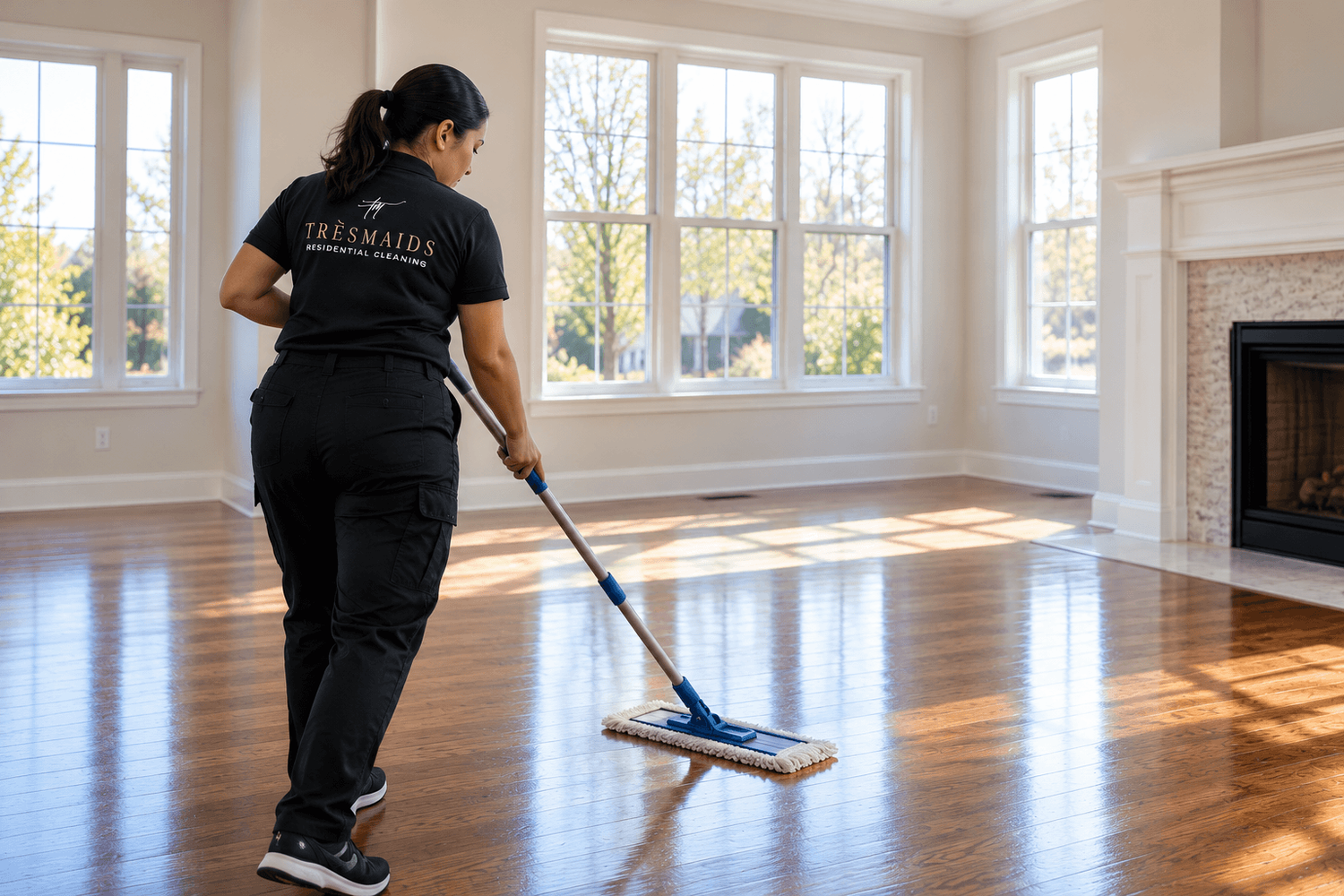 Tres Maids professional cleaner mopping the hardwood floor of an empty living room before or after a move