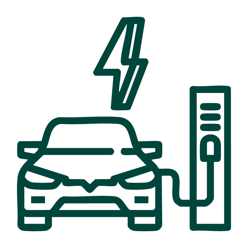 Outline of an electric car connected to a charging station with a lightning bolt symbol above the car.