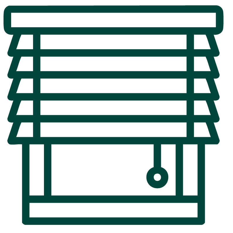 Line drawing of a window with horizontal blinds and a control cord.
