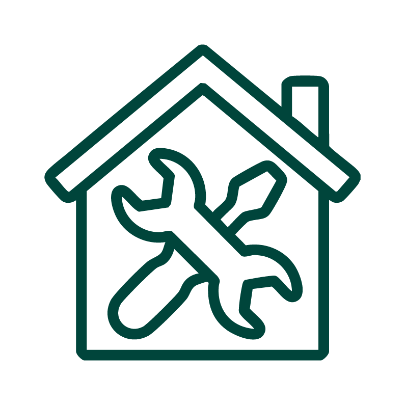 Icon of a house with tools inside, including a wrench and screwdriver, indicating home repair or maintenance services.