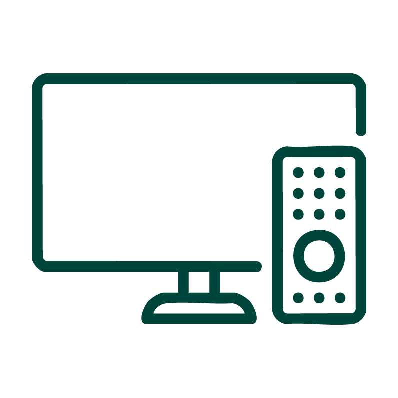 Outline drawing of a television monitor and a remote control.