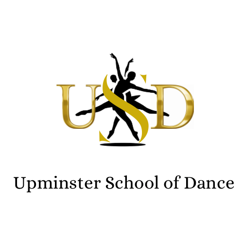 Logo for Upminster School of Dance featuring silhouettes of dancers and the initials USD in gold.