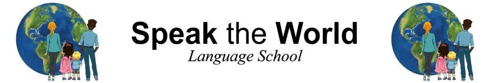 Illustration of a family of four holding hands and looking at the globe with the text 'Speak the World Language School'.