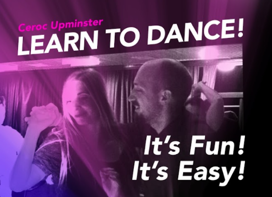 A promotional poster for a dance class featuring a man and a woman dancing and smiling together, with text encouraging learning to dance, emphasizing fun and ease.