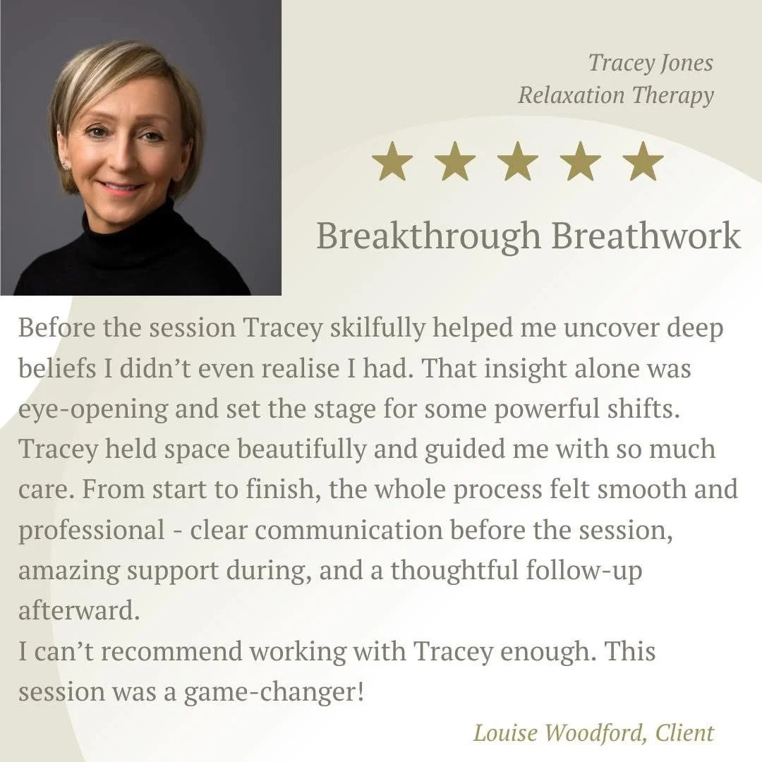 Client testimonial with a photo of Tracey Jones, a woman with short blonde hair, smiling, wearing a black turtleneck, and a background with stars emphasizing her highly rated relaxation therapy services.