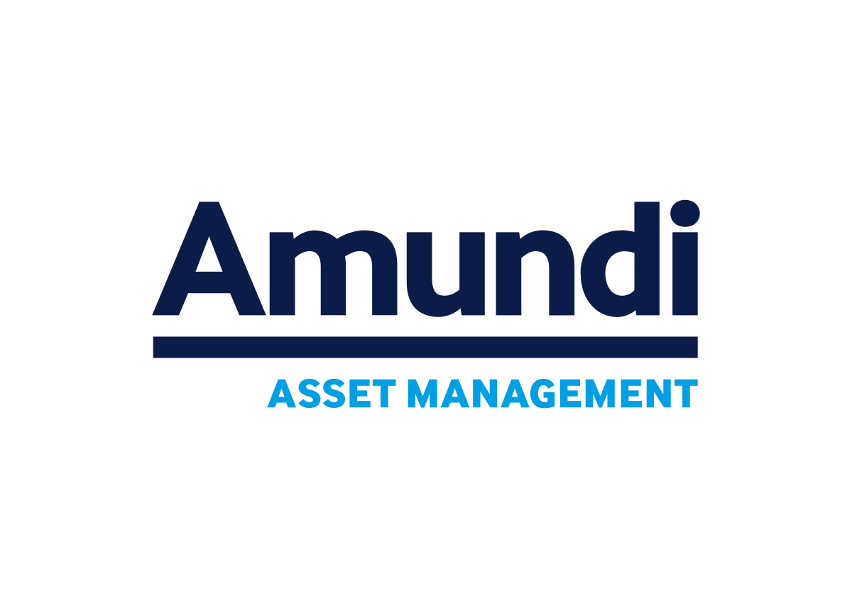 Logo for Amundi Asset Management with a black background, the company name in dark blue, and 'Asset Management' in light blue below.