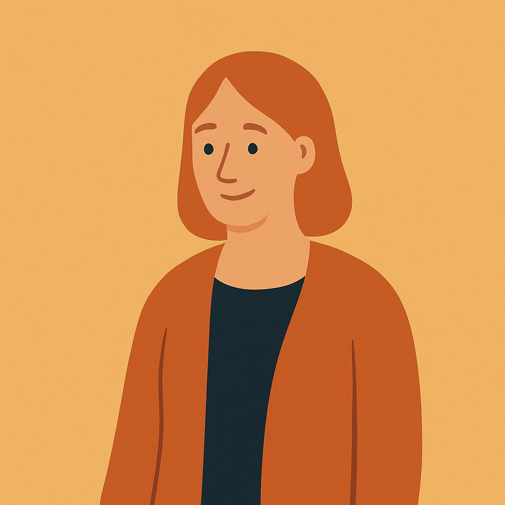 An illustrated portrait of a woman with shoulder-length brown hair, smiling, wearing a dark top and an orange-brown jacket, against a warm yellow-orange background.