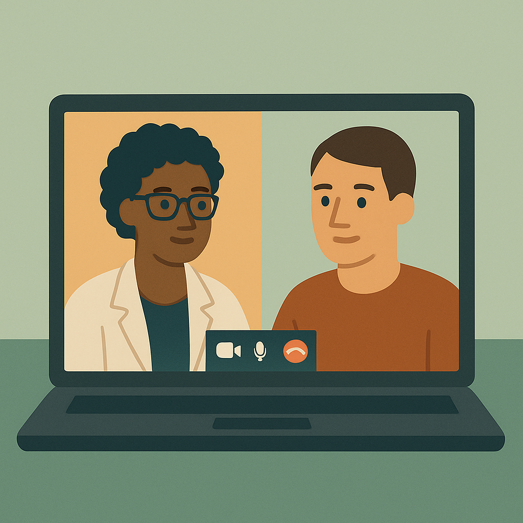 Illustration of a video call with a woman and a man on a laptop screen.