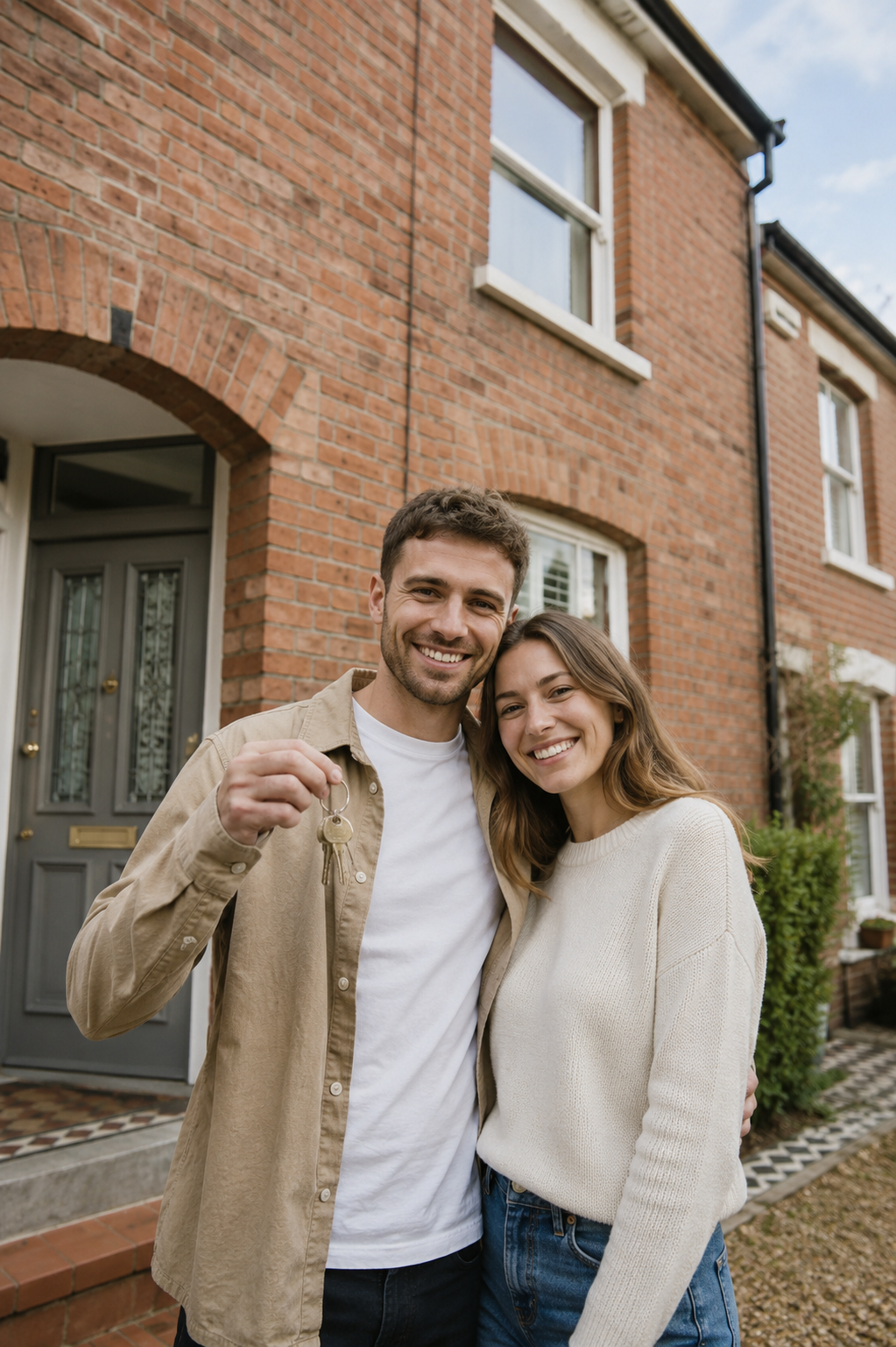 First-time buyer couple smiling outside their new home holding house keys