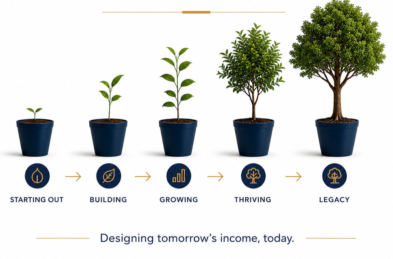 Progression of a plant from seedling to a large tree in five stages, representing the financial planning journey from Starting Out, Building, Growing, Thriving, and Legacy  "Designing tomorrow's income, today."