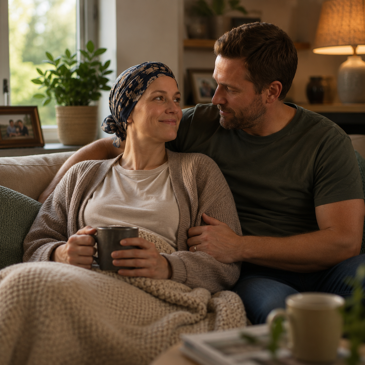 Woman recovering at home with support from her partner, representing critical illness cover and financial reassurance during recovery.