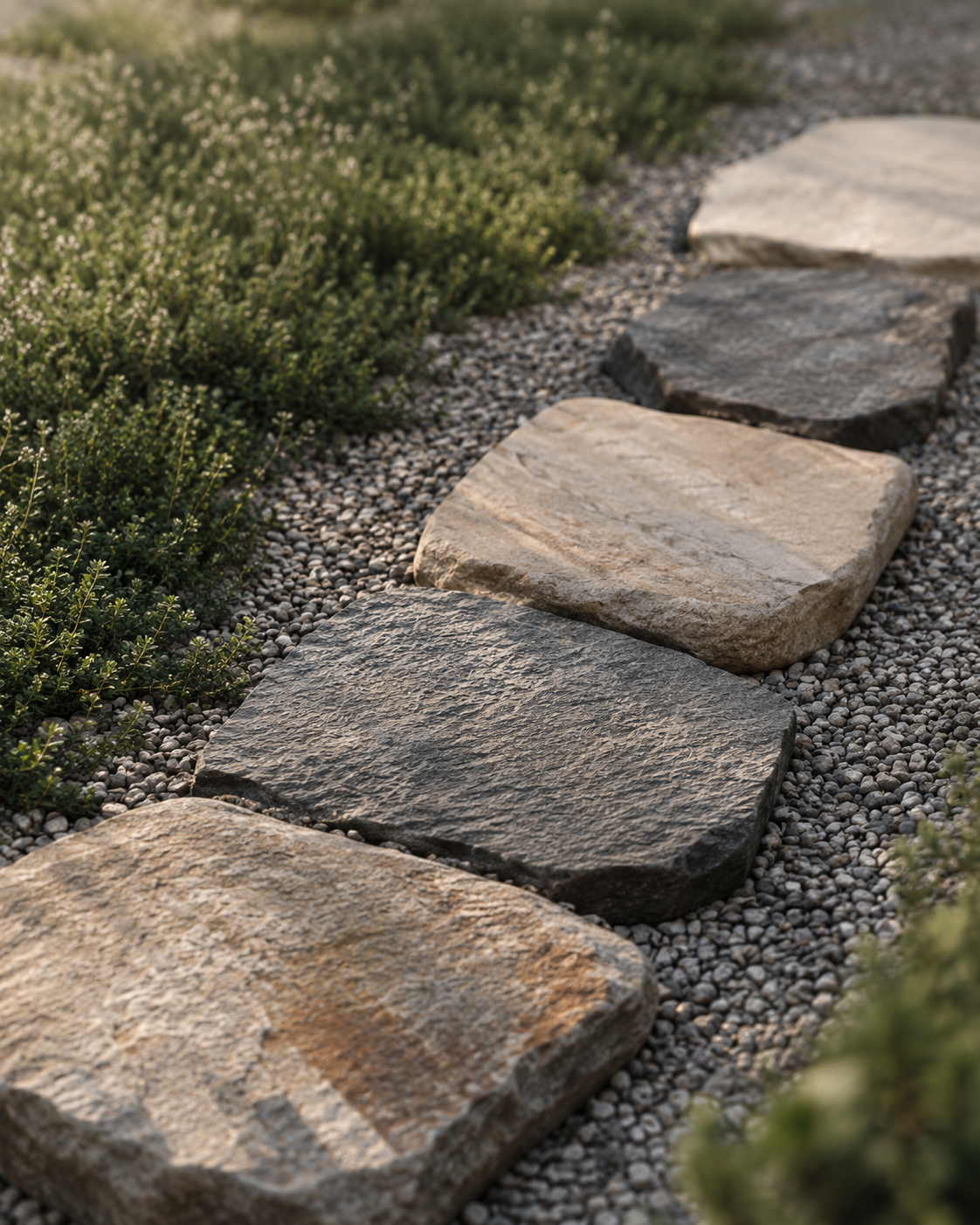 Five different stones arranged as stepping stones aligned into one path, representing five financial pieces working towards one plan