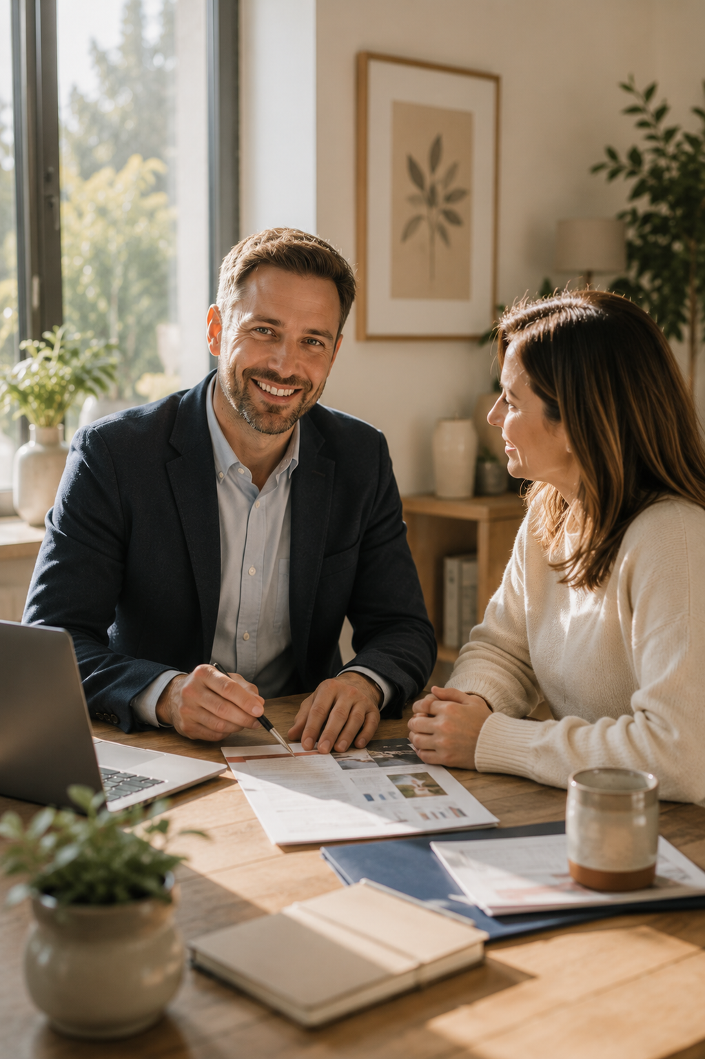 Mortgage adviser and client smiling together at a table, discussing options in a friendly, approachable setting