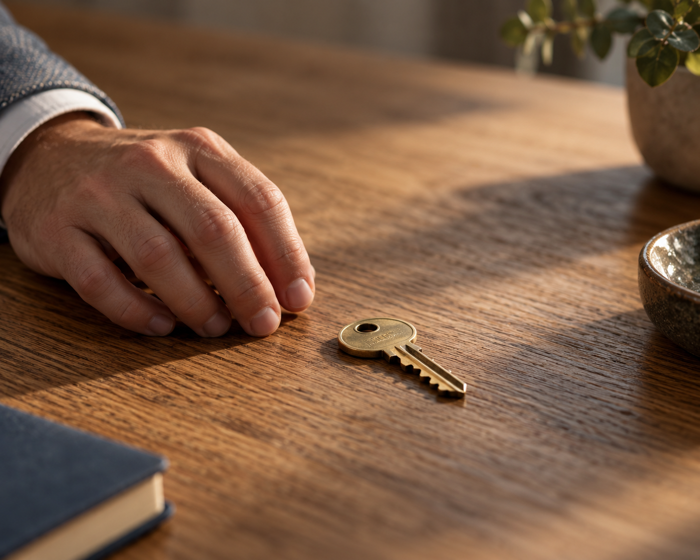 A hand resting beside a single brass key on an oak desk, representing the transition into retirement