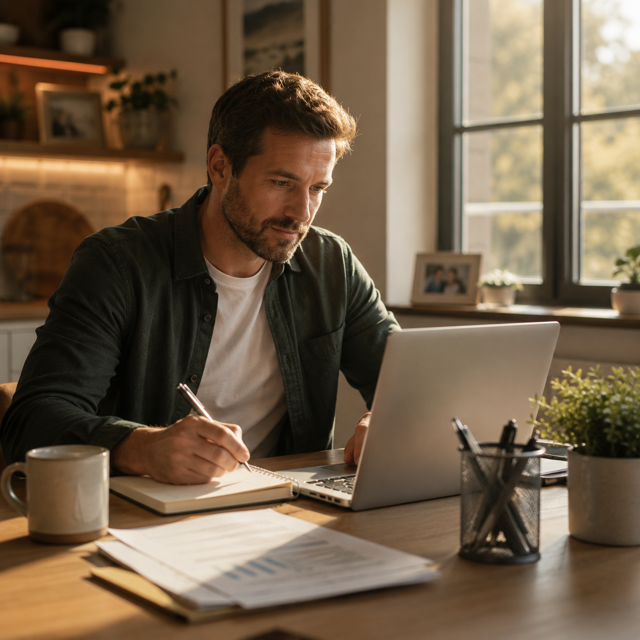 Professional working from home at a kitchen table, representing income protection and safeguarding your ability to earn an income.