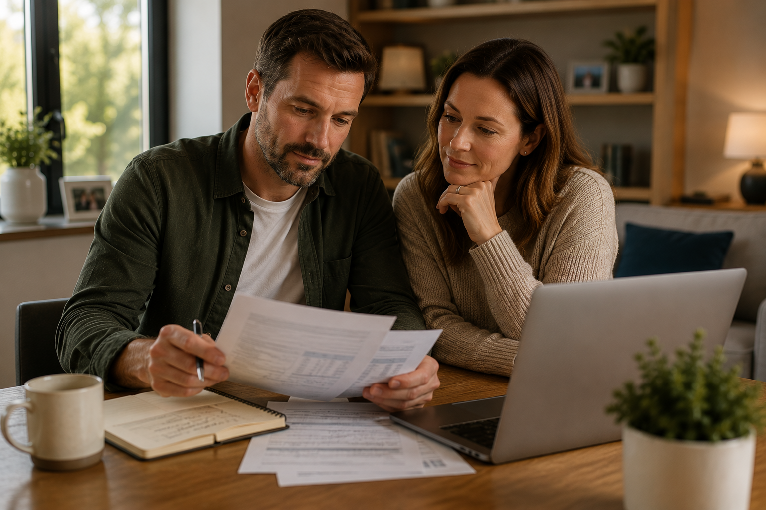 Couple reviewing financial paperwork together as the first step in reviewing their existing protection arrangements.