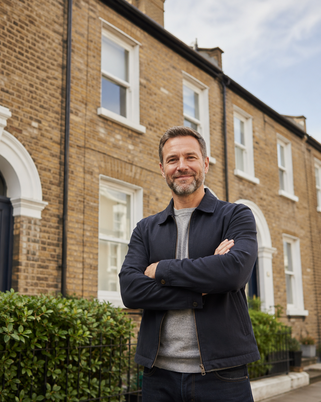 Landlord standing confidently outside a rental property, representing buy-to-let investment