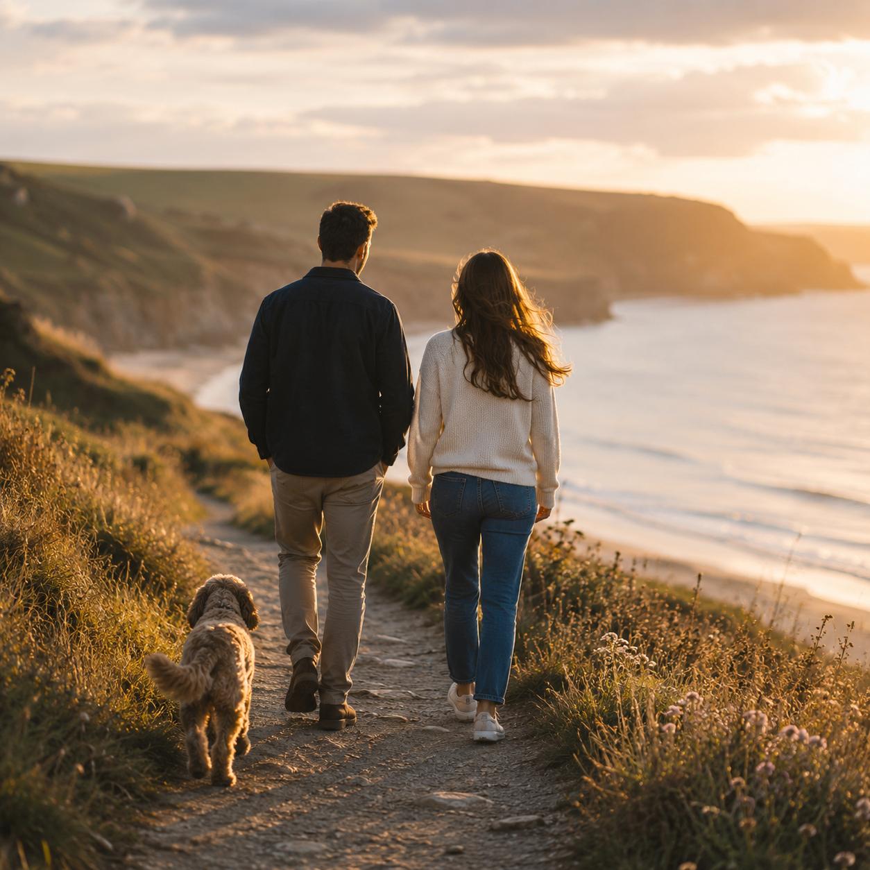 Couple enjoying a peaceful coastal walk with their dog, representing the lifestyle and future that protection insurance helps to protect.