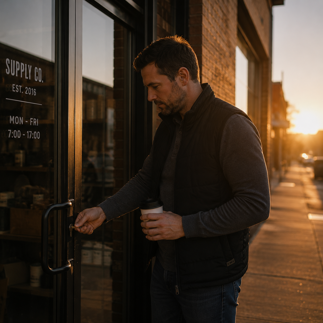 Business owner unlocking their shop early in the morning, representing the importance of protection insurance for business owners and company directors.