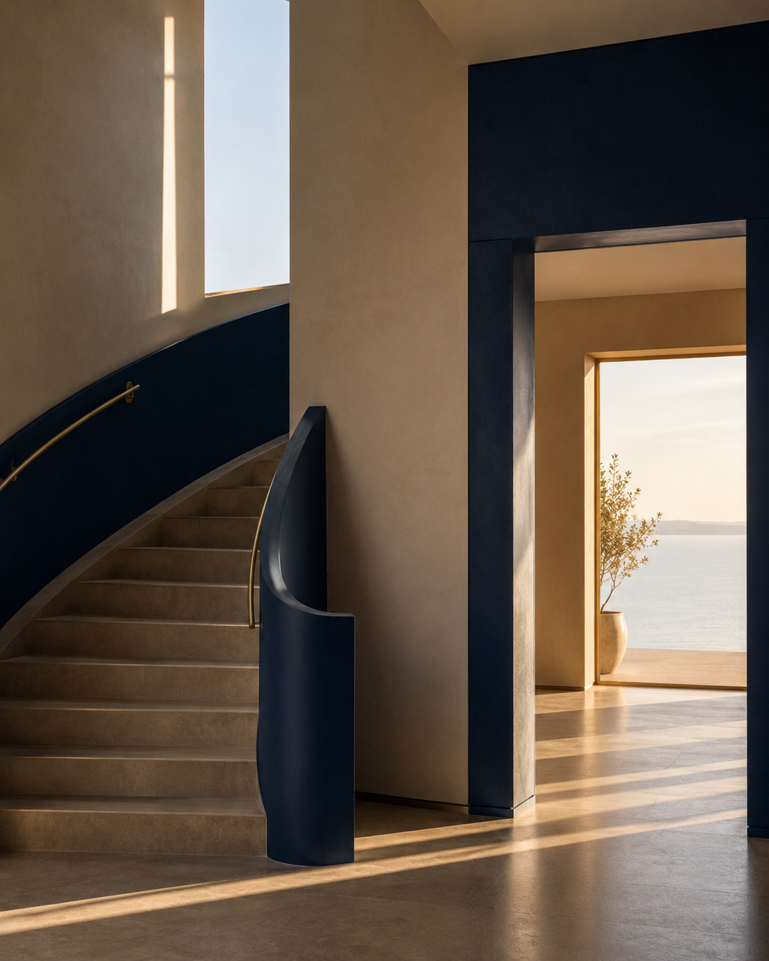 Soft light falling across a staircase and open doorway, an abstract representation of structure and continuity