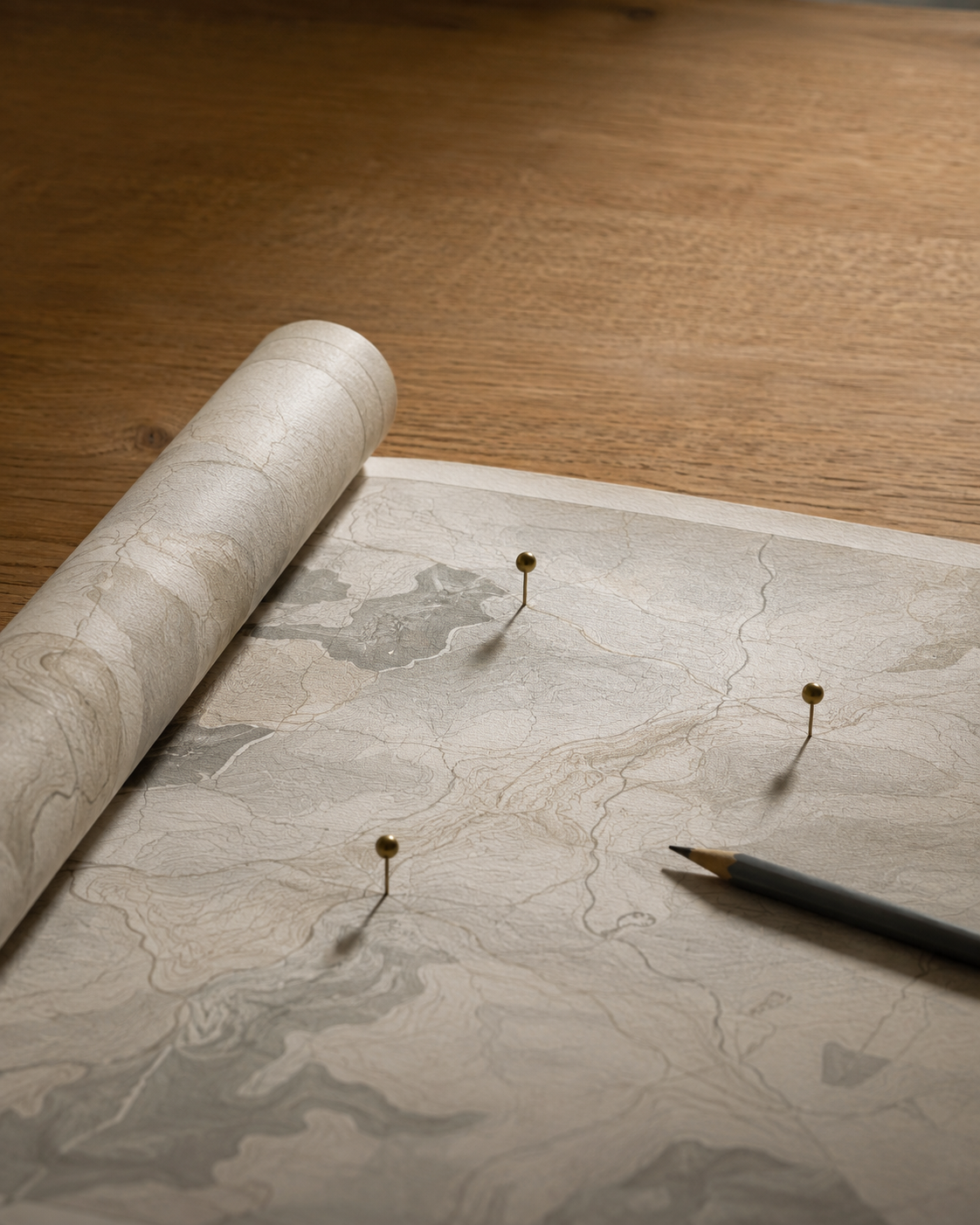 Map with brass pins marking financial goals on an oak desk, representing investment goal-setting