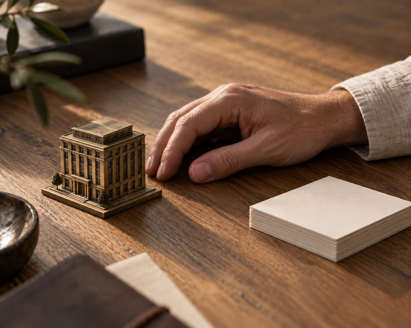 A hand resting beside a small architectural building model on an oak desk, representing personal wealth planning for business owners