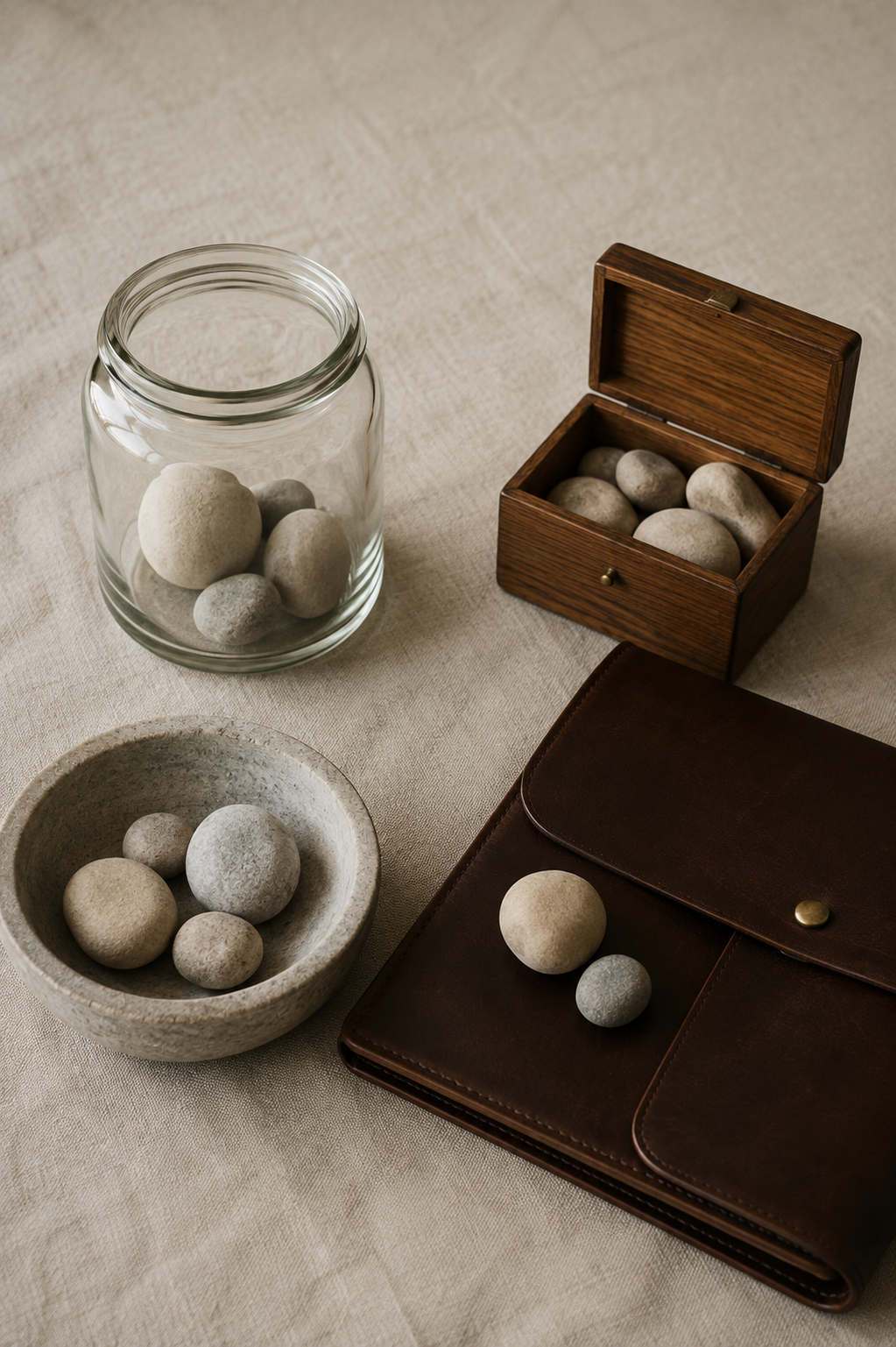 vessels-isa-gia-pension.png	Glass jar, oak box, leather folder and stone dish arranged together, representing different investment options