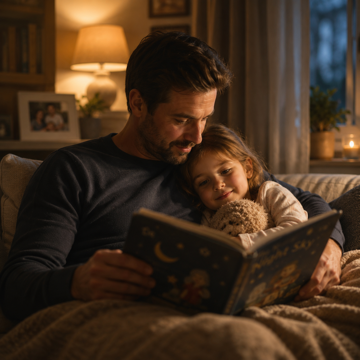 Father reading a bedtime story to his child, representing life insurance and protecting your family's financial future.