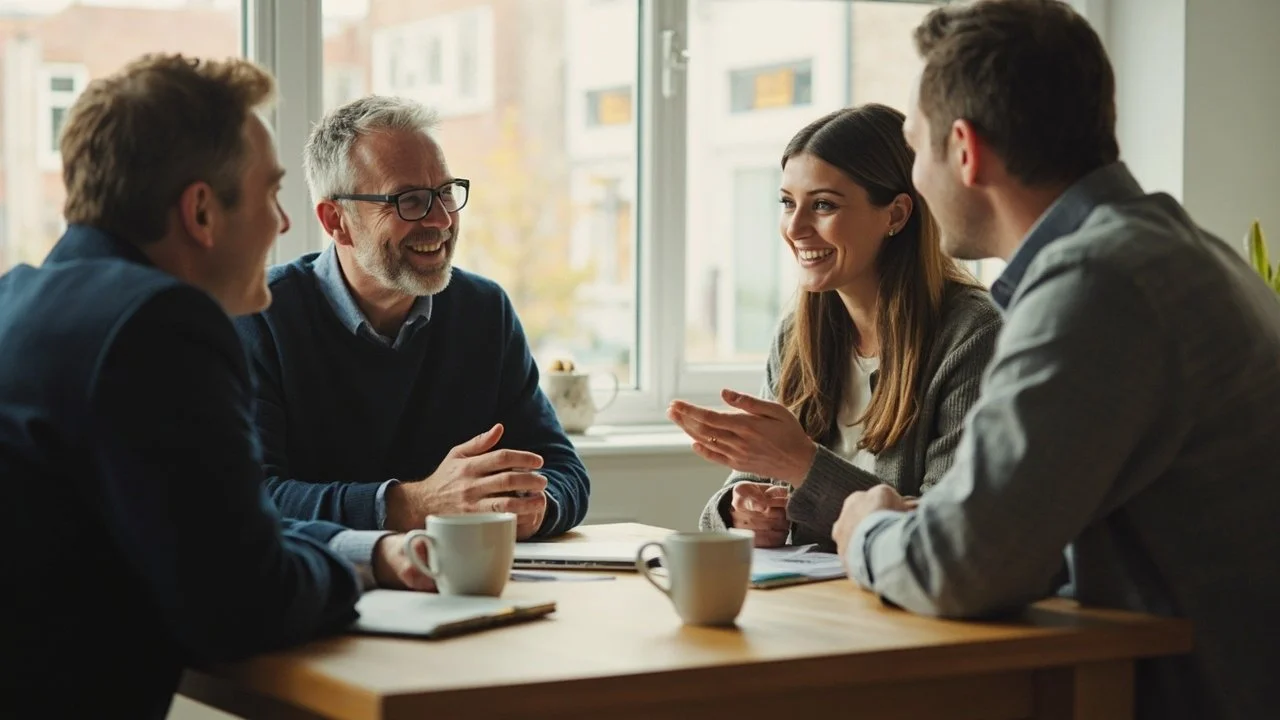 Mortgage adviser meeting with clients at a table, discussing options in a friendly and approachable setting.